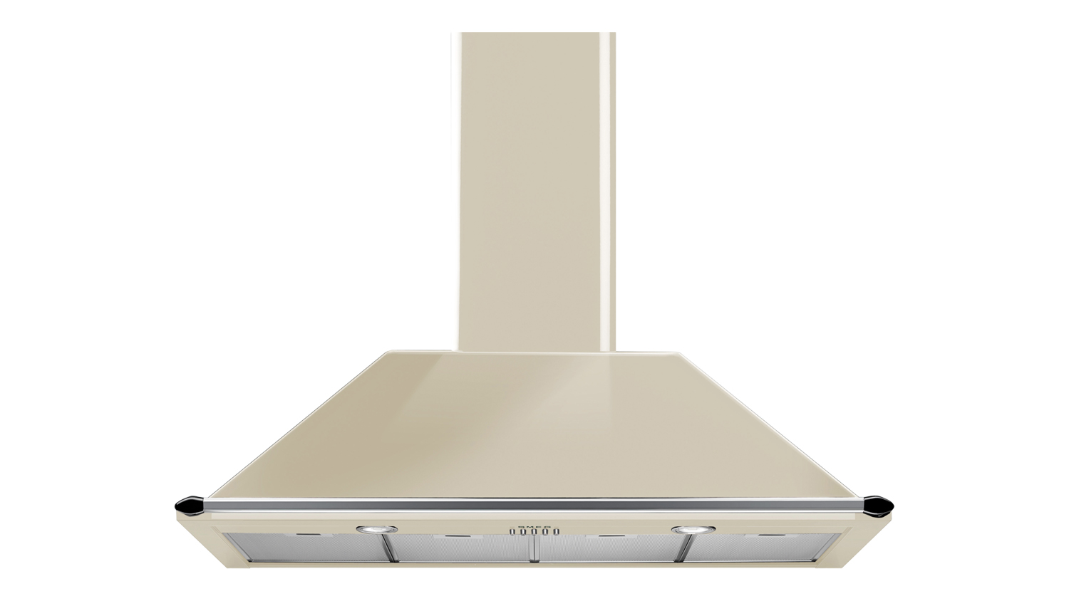Cream-coloured SMEG Victoria 110cm wall-mounted rangehood with chimney; underside lights and filters visible