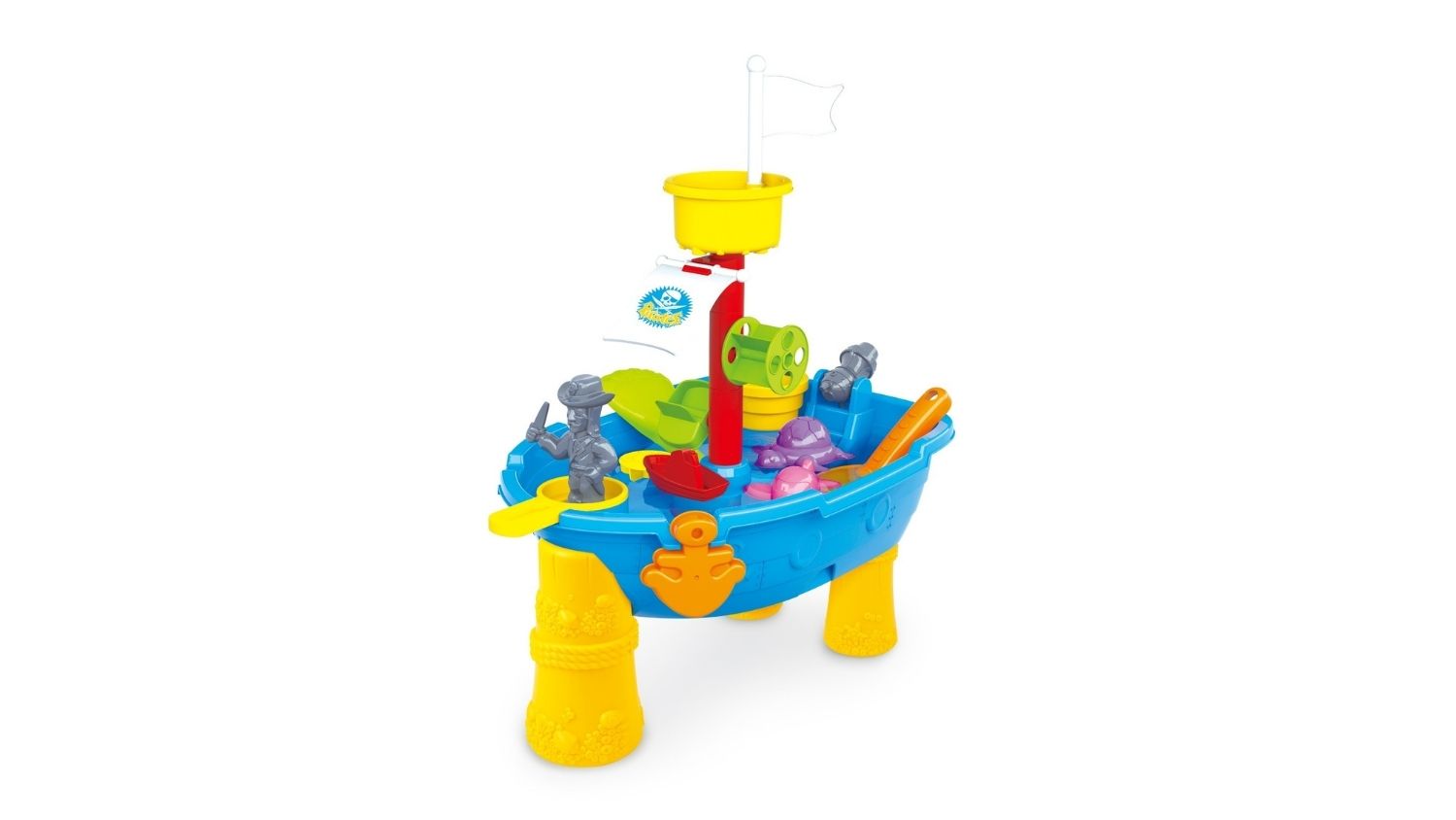 A front-angled view of a blue, pirate-themed kids' sand and water play table with colourful accessories