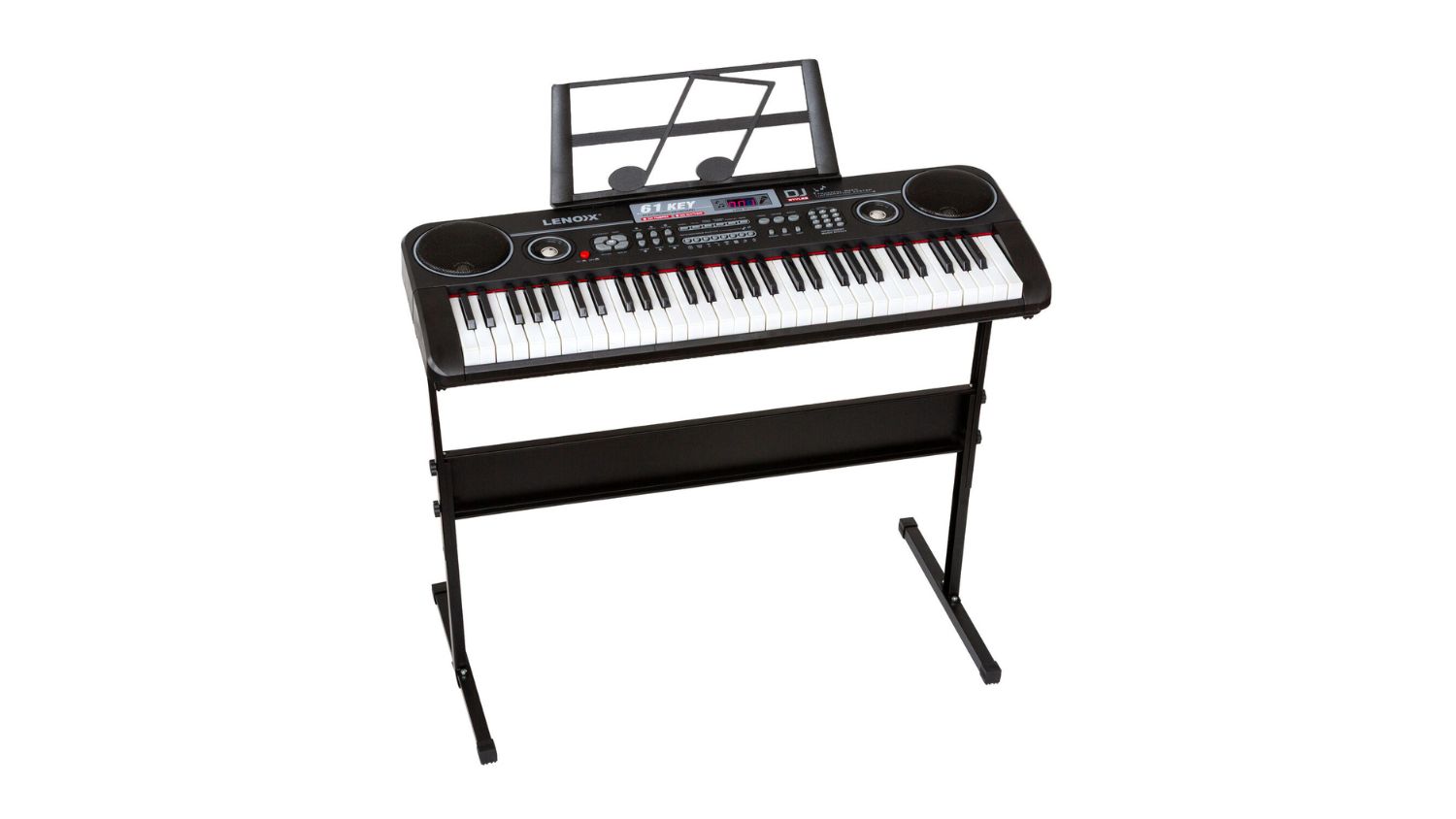 Lenoxx 61-Key Electronic Piano with built-in speakers on a stand, featuring a sheet music holder with a musical note design