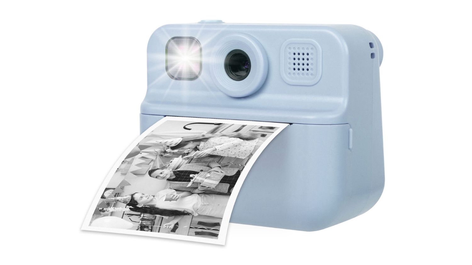 Lenoxx Children's Instant Camera, printing a black-and-white photo of children at a party
