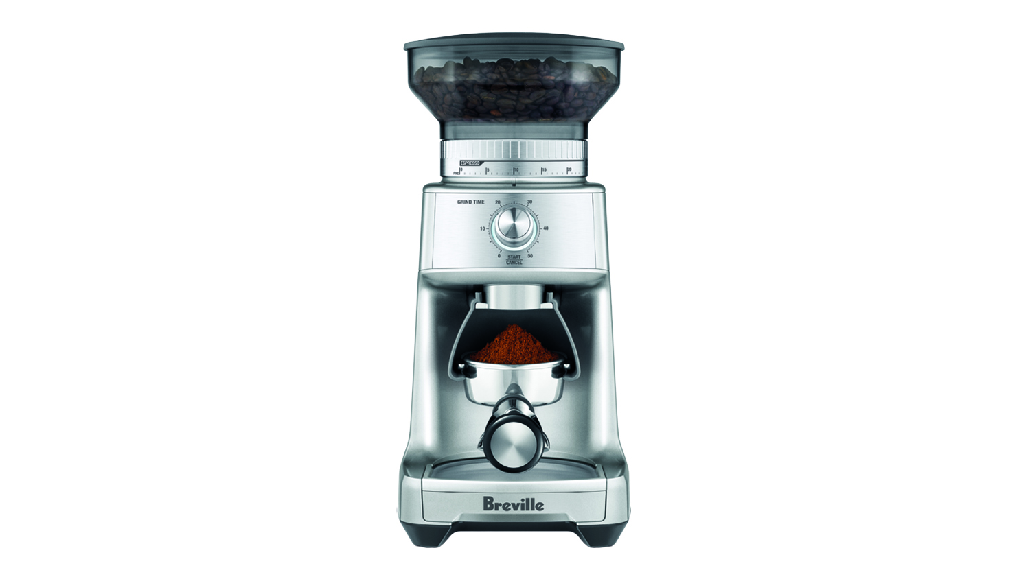 Breville the Dose Control Pro Coffee Grinder in a sleek silver colour