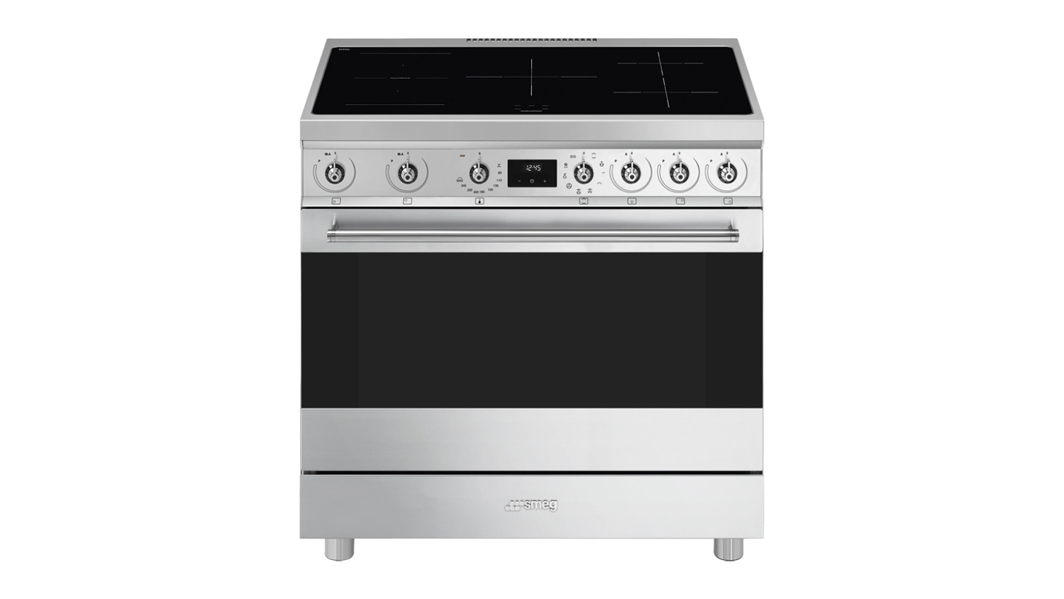 Front view of a stainless steel Smeg Classic 90cm freestanding oven with a 5-zone induction cooktop, digital display, control knobs, and a glass-ceramic cooktop