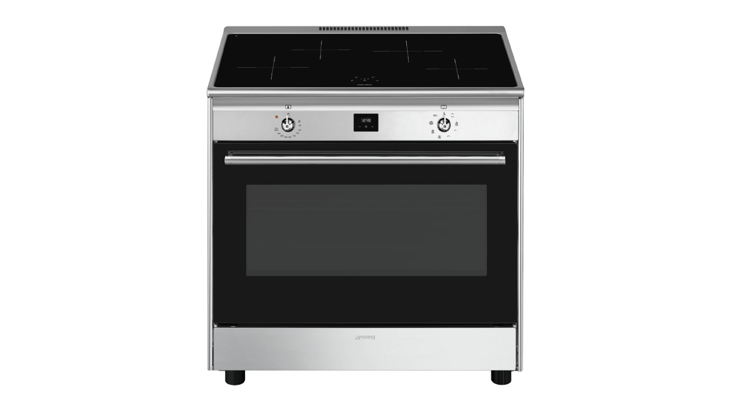 Front view of a stainless steel Smeg Classic 90cm freestanding oven with a black glass induction cooktop and control knobs
