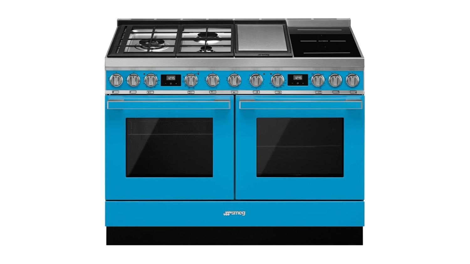Front view of the Smeg Portofino 120cm Dual Fuel Freestanding Double Oven with six burners