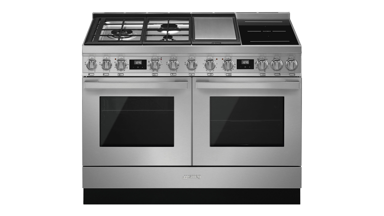 Front view of the Smeg Portofino 120cm Dual Fuel Freestanding Double Oven with six burners