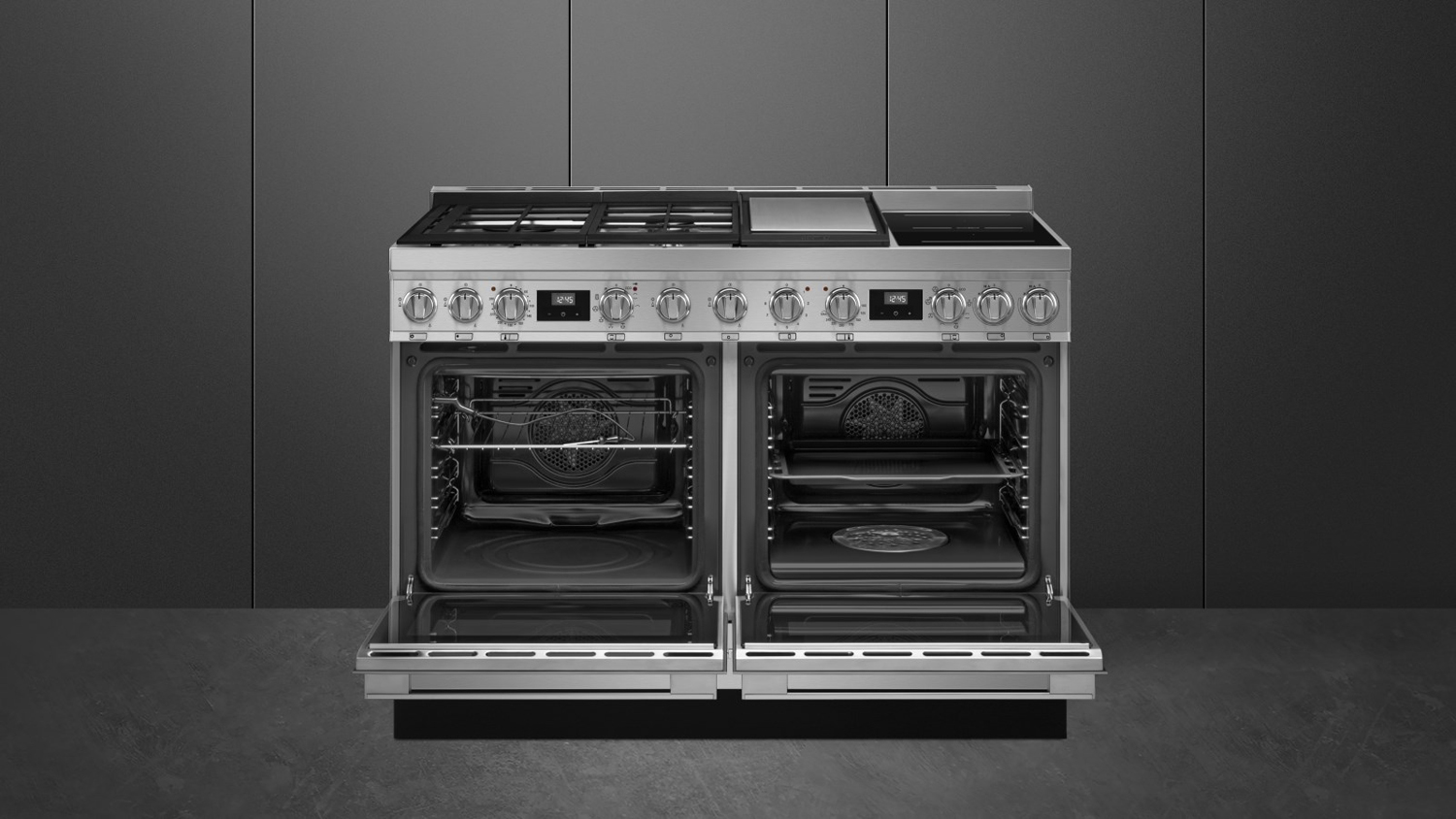 Smeg Portofino 120cm Dual Fuel Freestanding Double Oven with 6 Zone Hybrid Cooktop - Stainless Steel (CPF120IGMPXA)