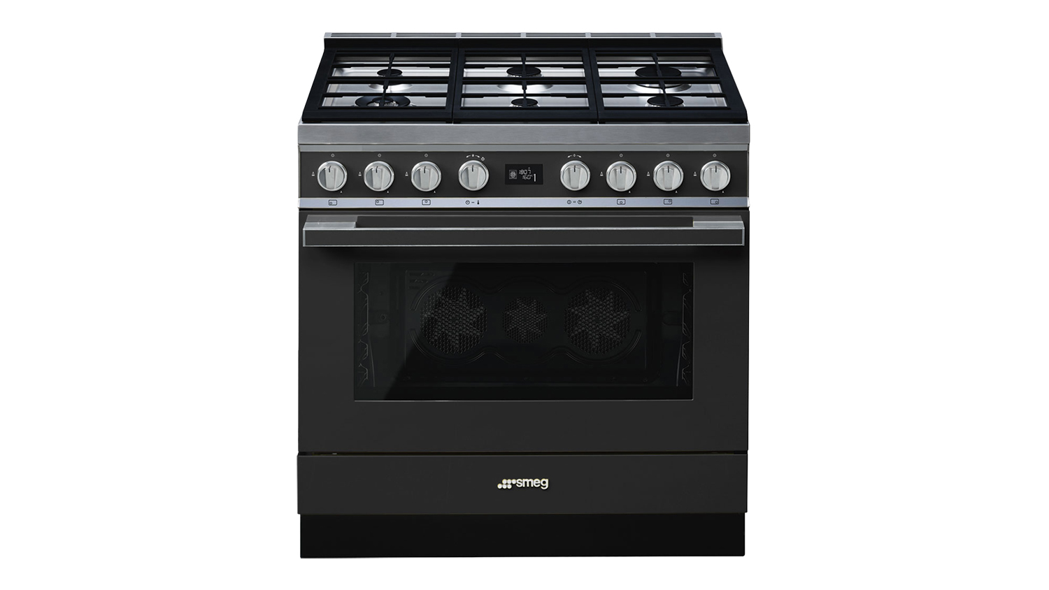 A front close-up view of a Smeg Portofino Dual Fuel Freestanding Oven with 6 Burner Gas Cooktop in Anthracite finish