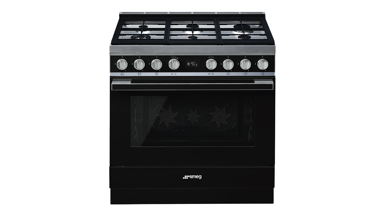 A front view of the Smeg Portofino dual fuel oven with 6 burner gas cooktops in black finish