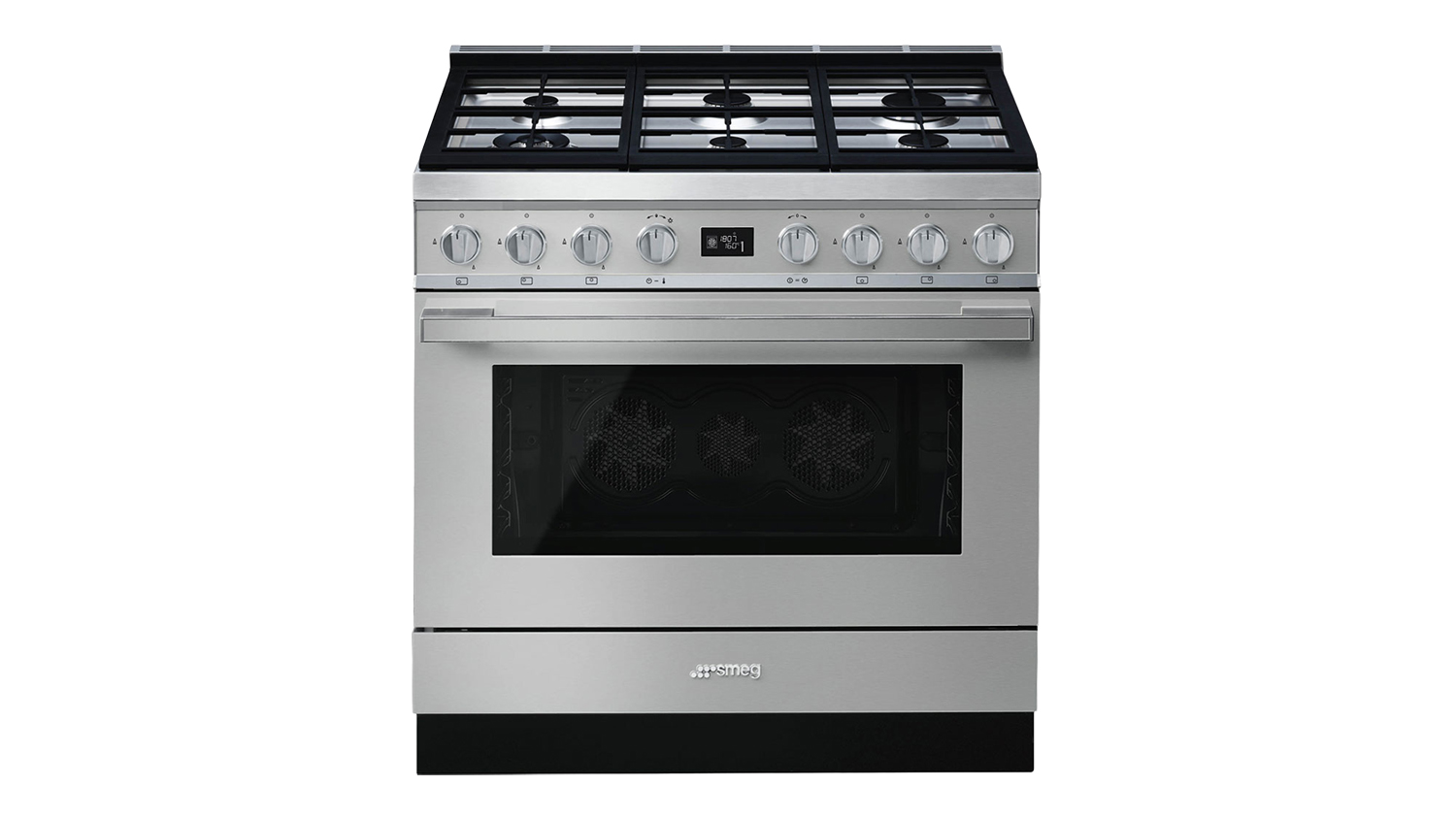 A front view of the Smeg Portofino freestanding dual fuel oven with 6 burner gas cooktops in stainless steel finish