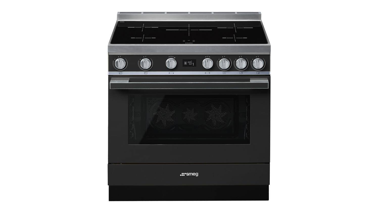 Front view of the Smeg Portofino 90cm Freestanding Oven with 5-zone induction cooktop in anthracite colour
