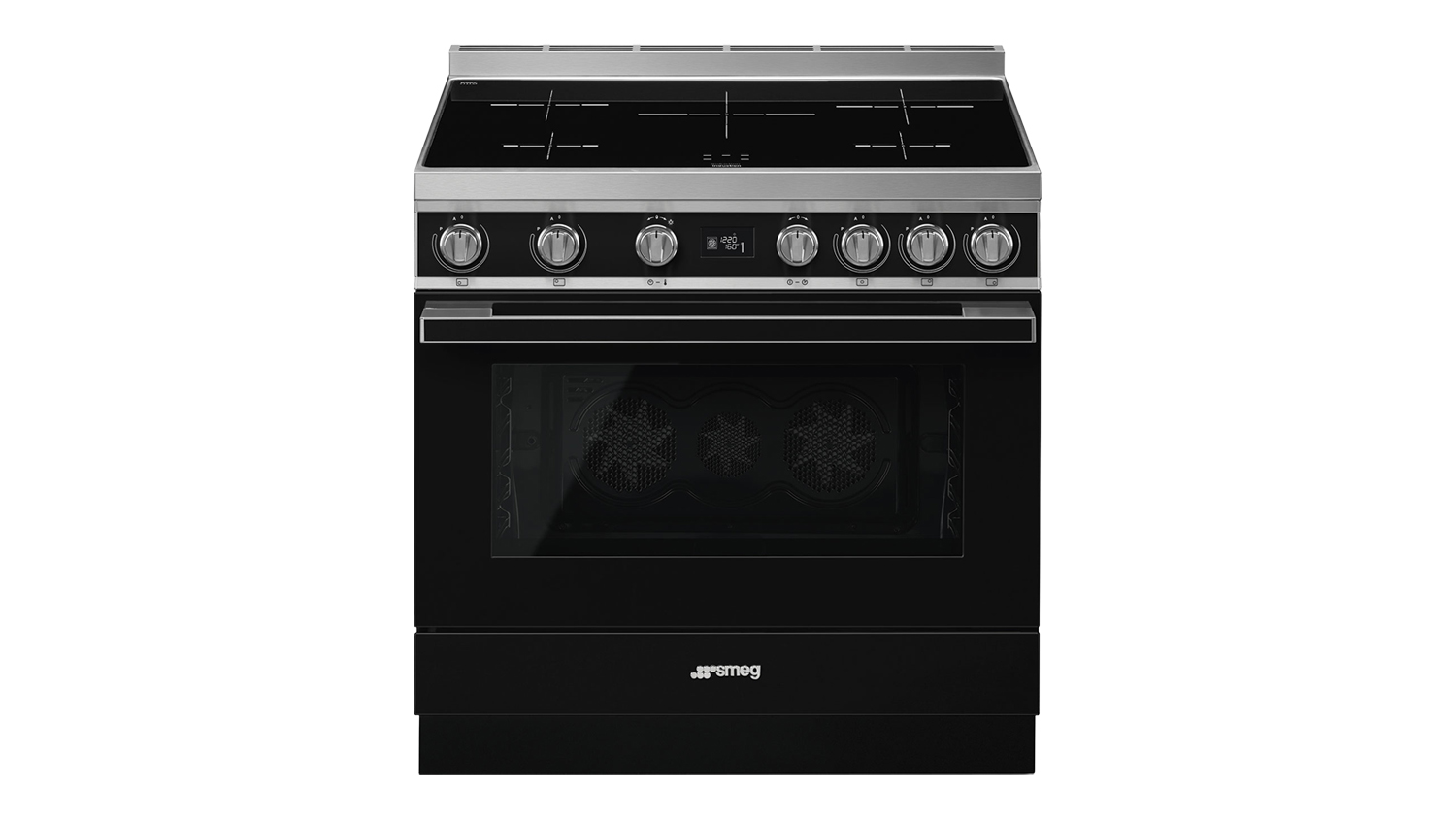 Front view of the Smeg Portofino 90cm Freestanding Oven with 5-zone induction cooktop in black colour
