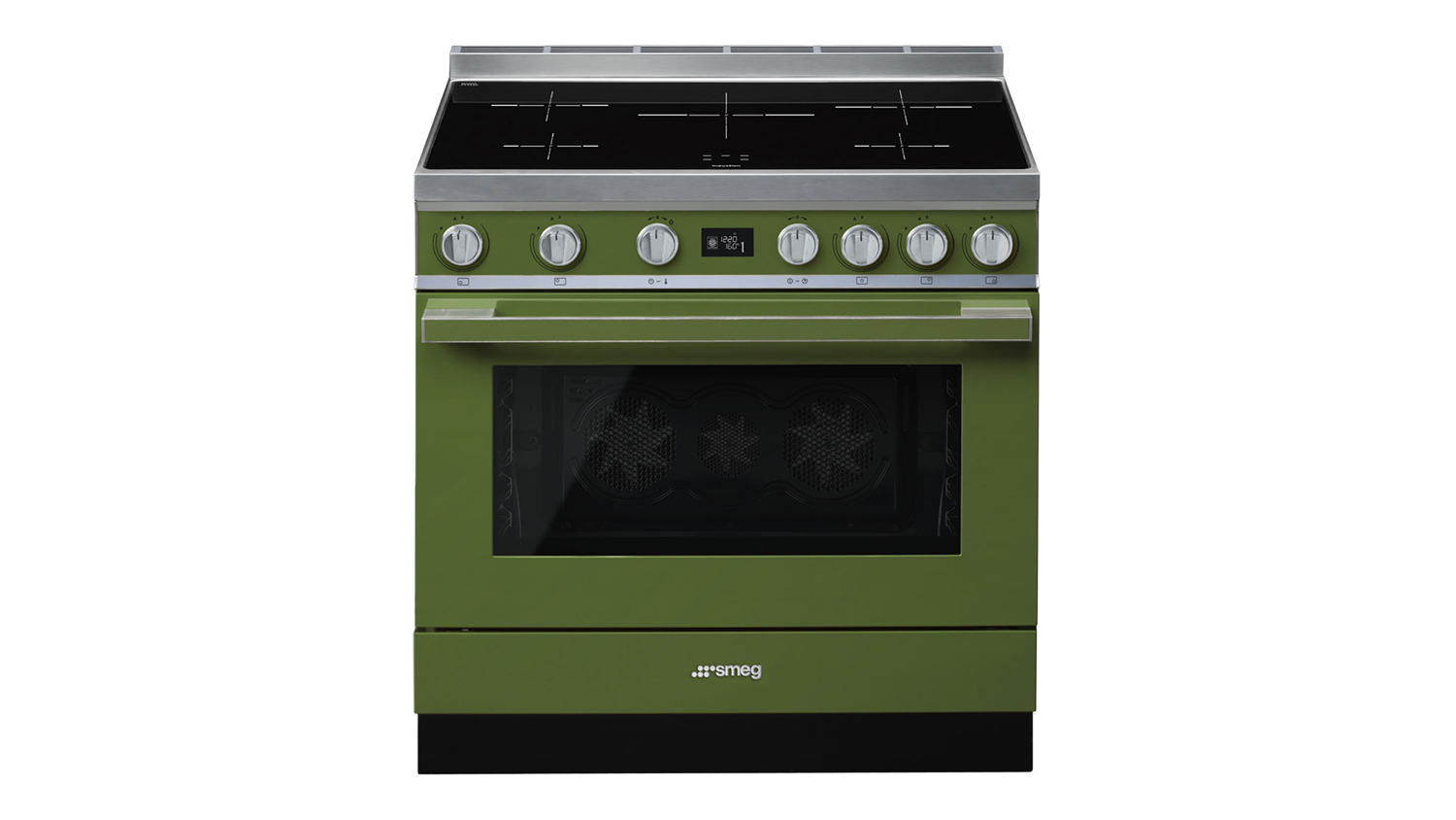 Front view of the Smeg Portofino 90cm Freestanding Oven with 5-zone induction cooktop in green  colour
