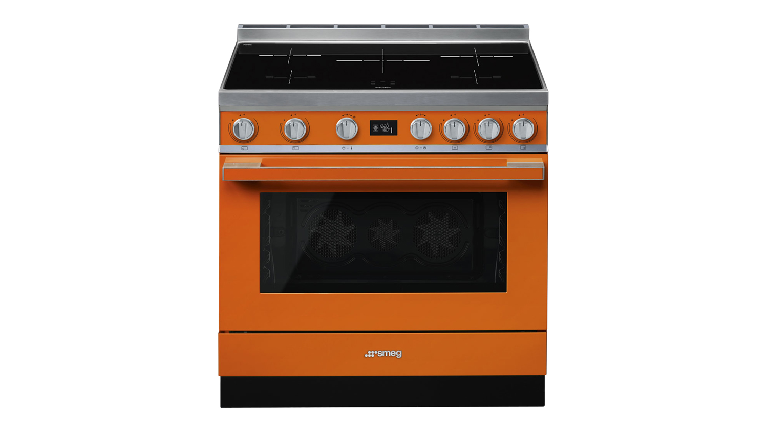 Front view of the Smeg Portofino 90cm Freestanding Oven with 5-zone induction cooktop in orange colour