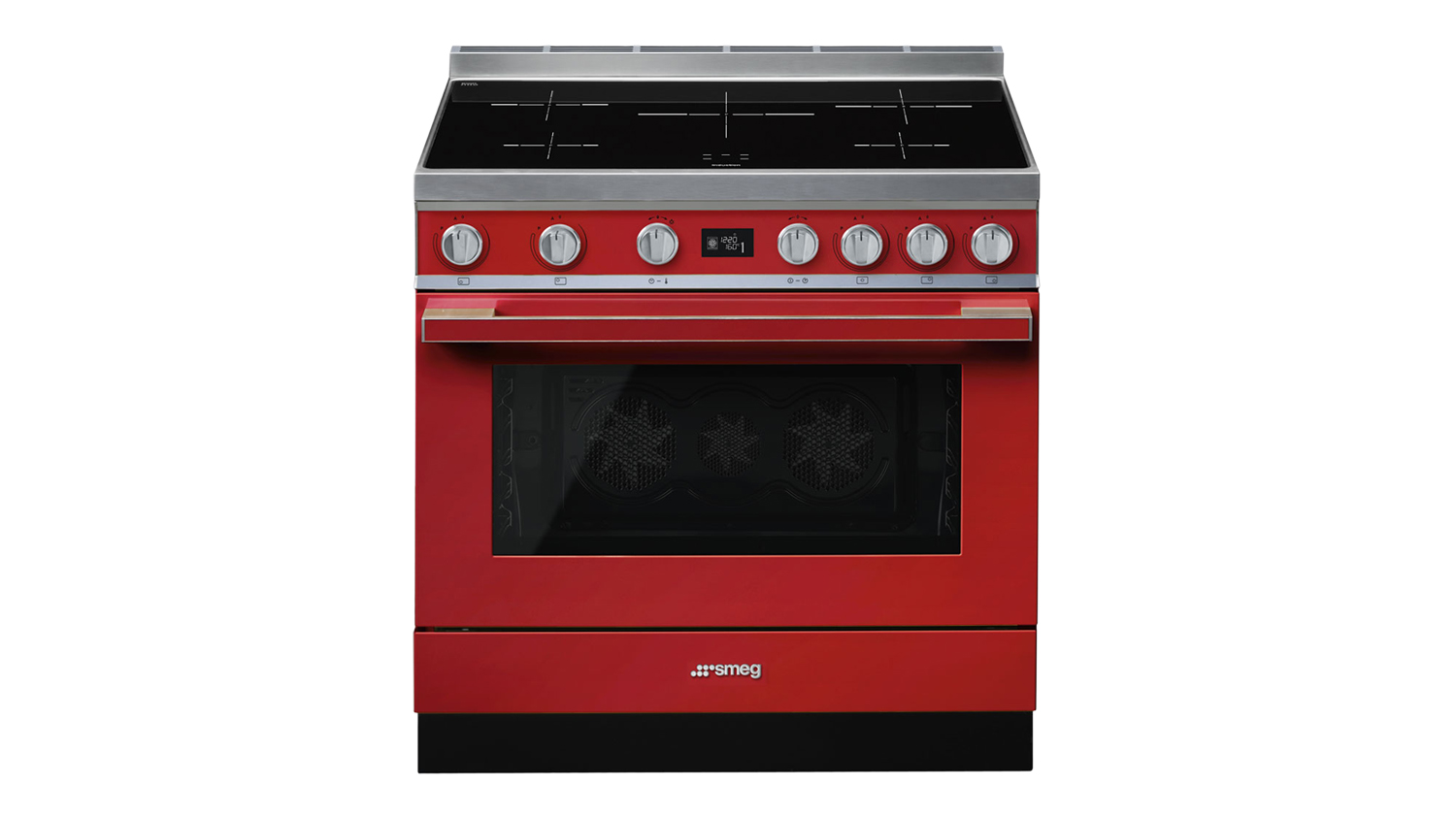 Front view of the Smeg Portofino 90cm Freestanding Oven with 5-zone induction cooktop in red colour
