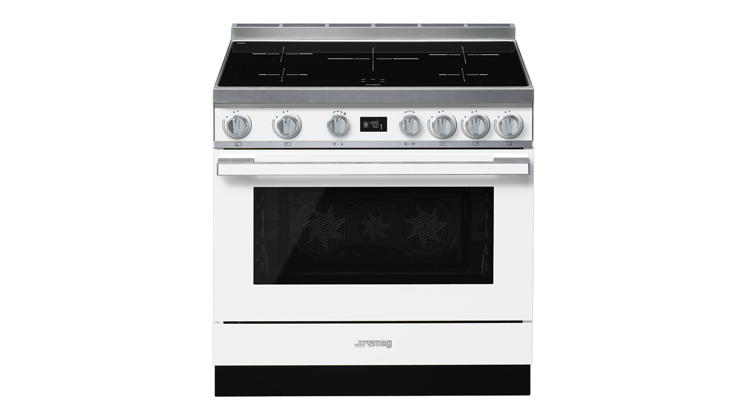 Front view of the Smeg Portofino 90cm Freestanding Oven with 5-zone induction cooktop in white colour