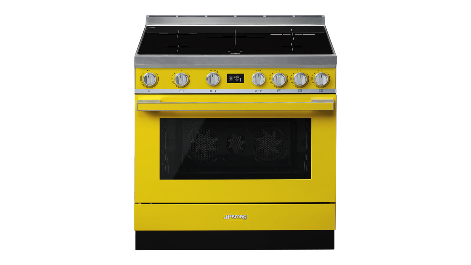Front view of the Smeg Portofino 90cm Freestanding Oven with 5-zone induction cooktop in yellow colour