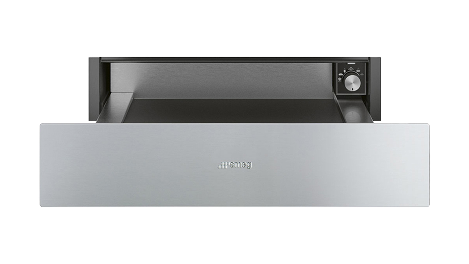Partially open stainless steel Smeg warming drawer showing empty interior and a control knob on the right side