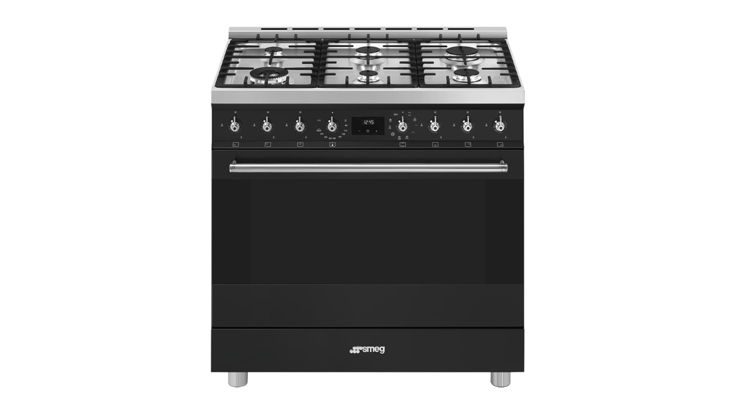 Front view of a black Smeg Classic 90cm dual fuel freestanding oven with a 6-burner gas cooktop, knobs, and oven door