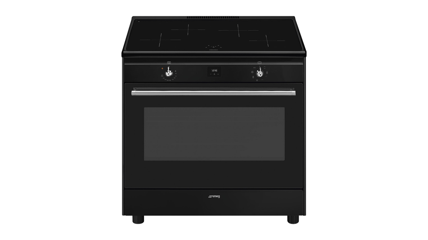 Black Smeg Classic 90cm freestanding oven with a smooth induction cooktop, front control knobs, and a glass oven door