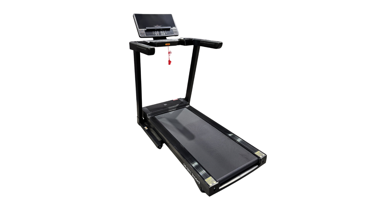 Black folding treadmill with a digital console, safety key, and wide running belt