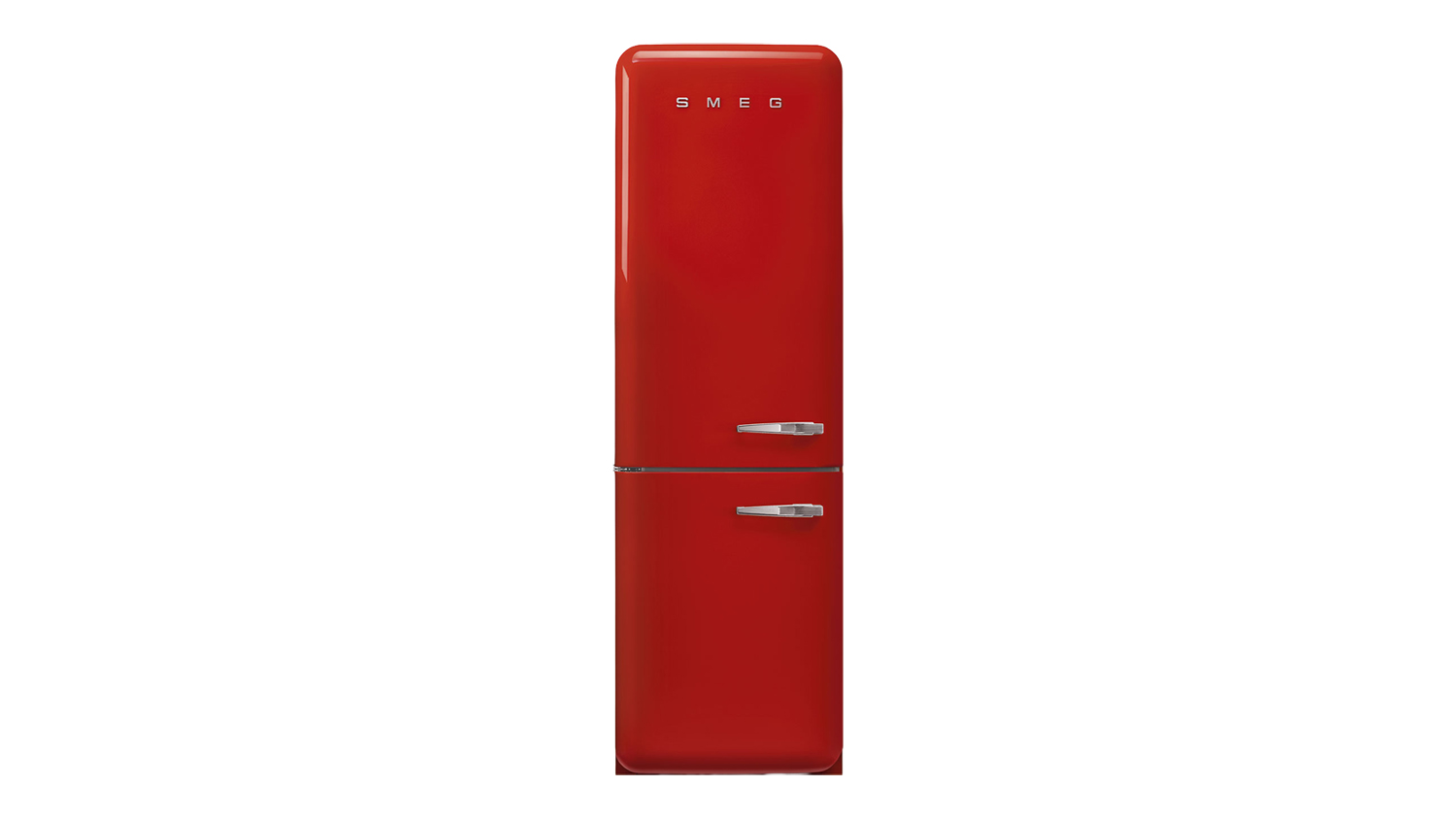 Front view of the Smeg 50s Style 331L Bottom Mount Fridge Freezer in red colour