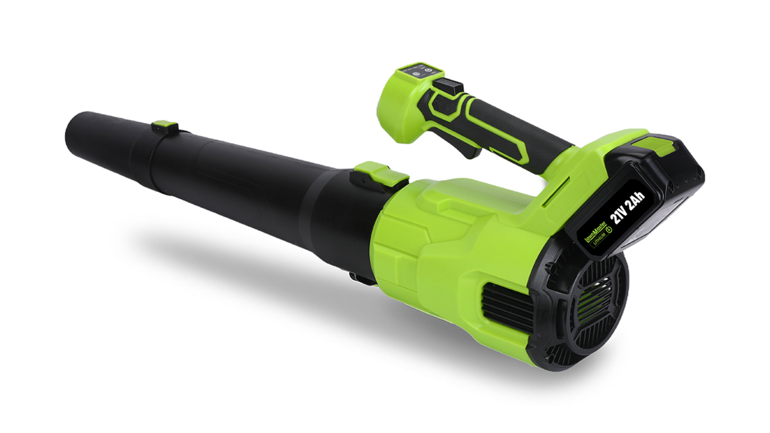 Green and black cordless LawnMaster 21V lithium battery leaf blower with a long nozzle and rear battery pack