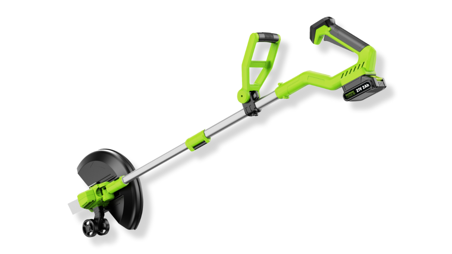 Green Lawnmaster 21V lithium battery lawn edger with a long shaft, dual handles, and battery pack