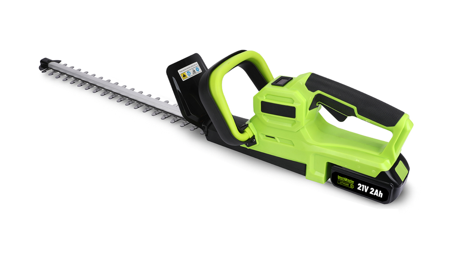 Cordless green LawnMaster 21V lithium battery hedge trimmer with a black handle and long metal blade