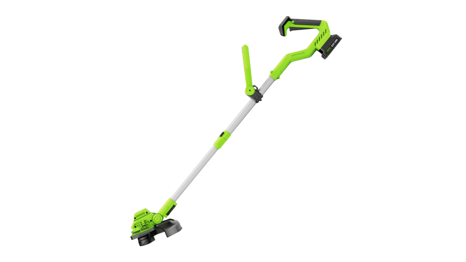 A green and silver cordless battery-powered lawn string trimmer with an adjustable loop handle