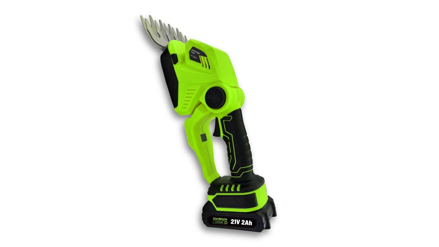 An angled view of the LawnMaster 21V cordless handheld grass shear standing on its battery