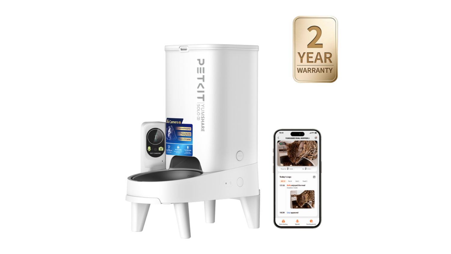 A white PETKIT YumShare Solo 2 automatic smart feeder standing next to a phone displaying app tracking and logs