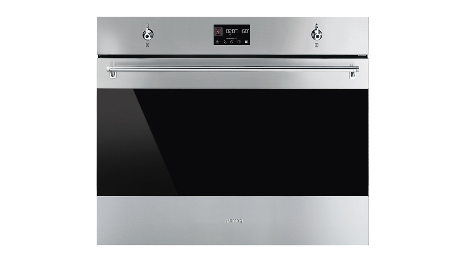 Front view of a stainless steel Smeg Classic 70cm built-in oven with digital display, knobs, and wide black glass door