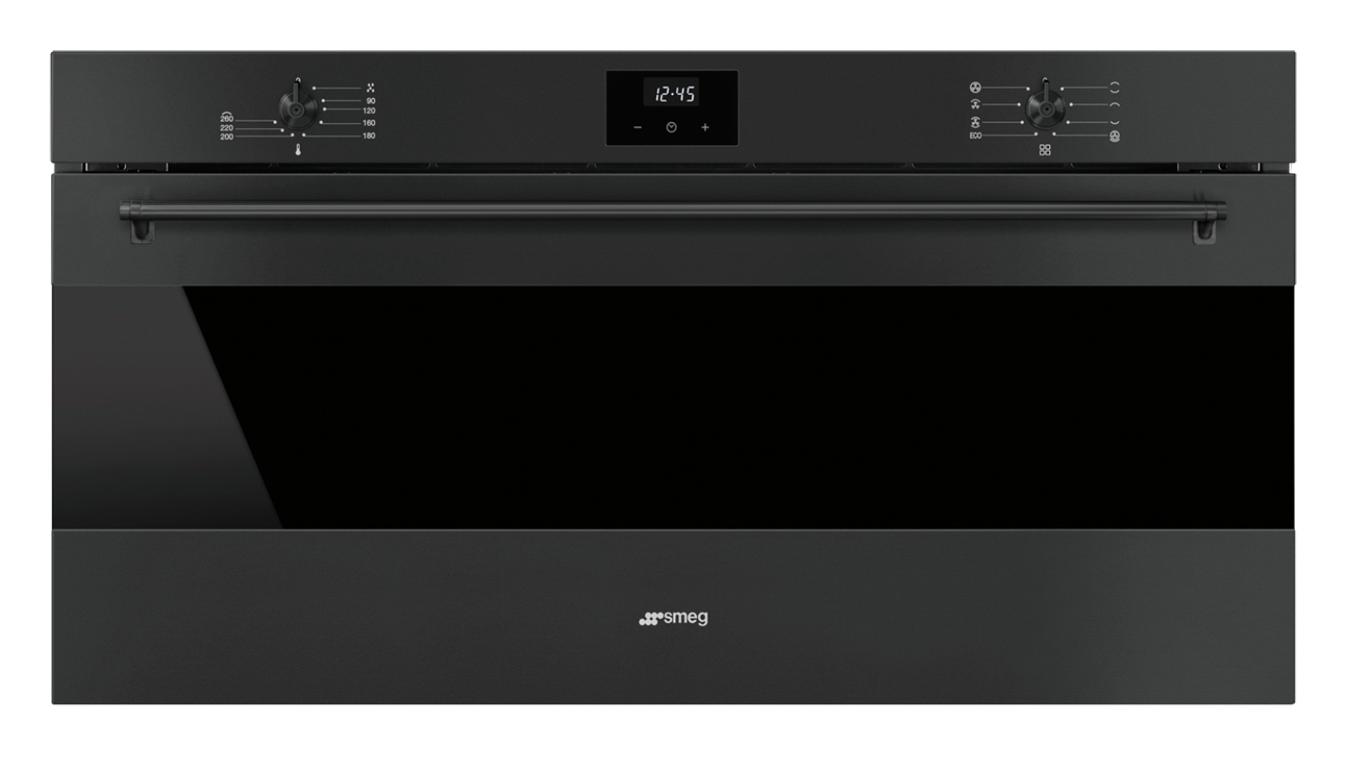 Front view of a black Smeg Classic 90 cm built-in oven with a digital clock display, control knobs, and a sleek glass door