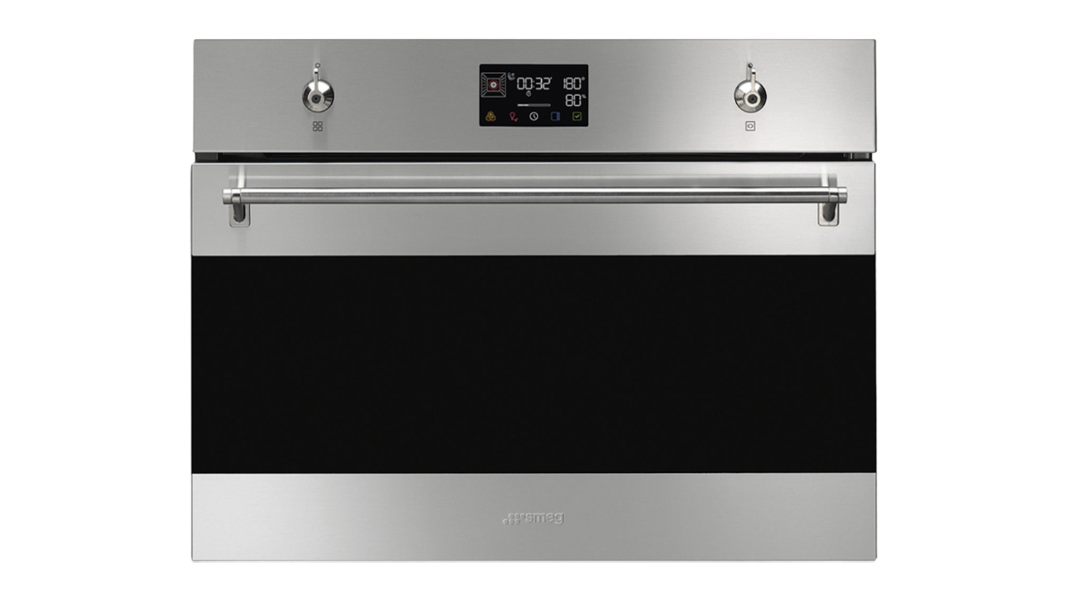 Stainless steel Smeg Classic 45 cm built-in compact steam oven with a digital display, two knobs, and a black glass door