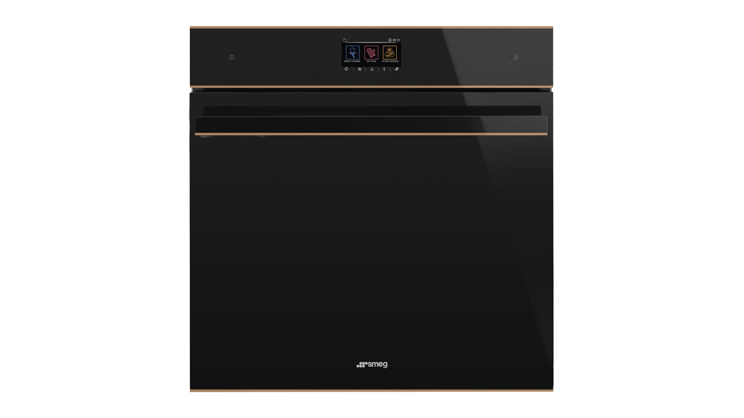 Sleek black Smeg Dolce Stil Novo 60 cm built-in oven with gold trim and a digital touch display on a glossy glass front
