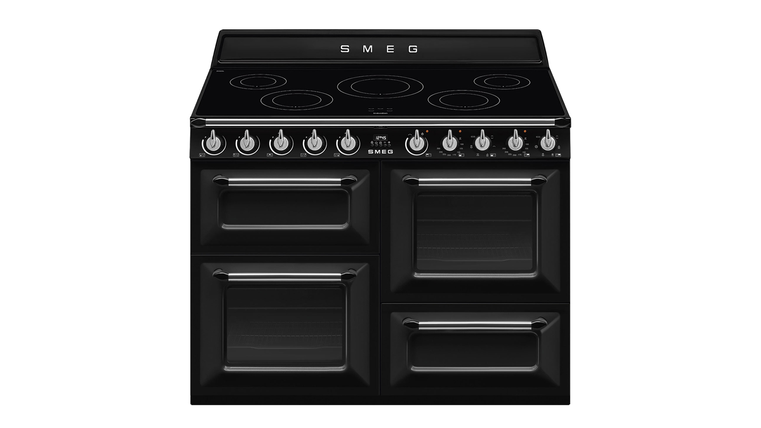 A front view of Smeg Victoria 110cm Freestanding Oven with 5 Zone Induction Cooktop in black finish