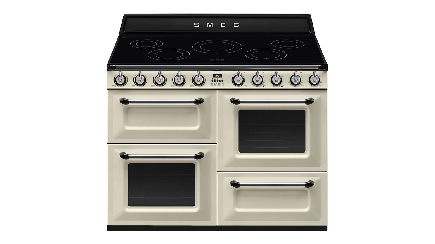 A front view of a Smeg Victoria 110cm Freestanding Oven with 5 Zone Induction Cooktop in cream finish