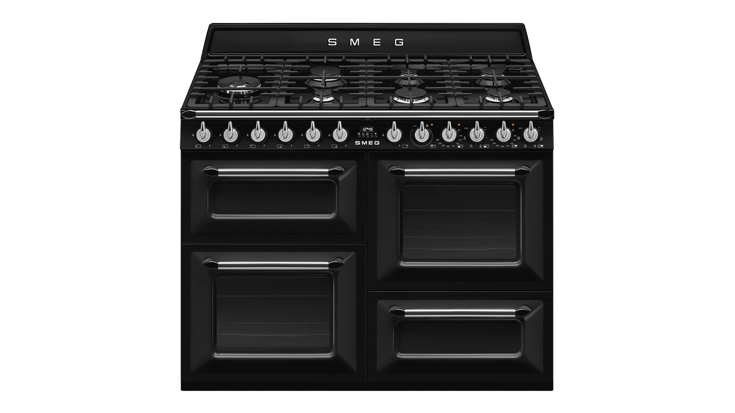 A front view of Smeg Victoria 110cm Dual Fuel Freestanding Oven with 7 Burner Gas Cooktop in black finish