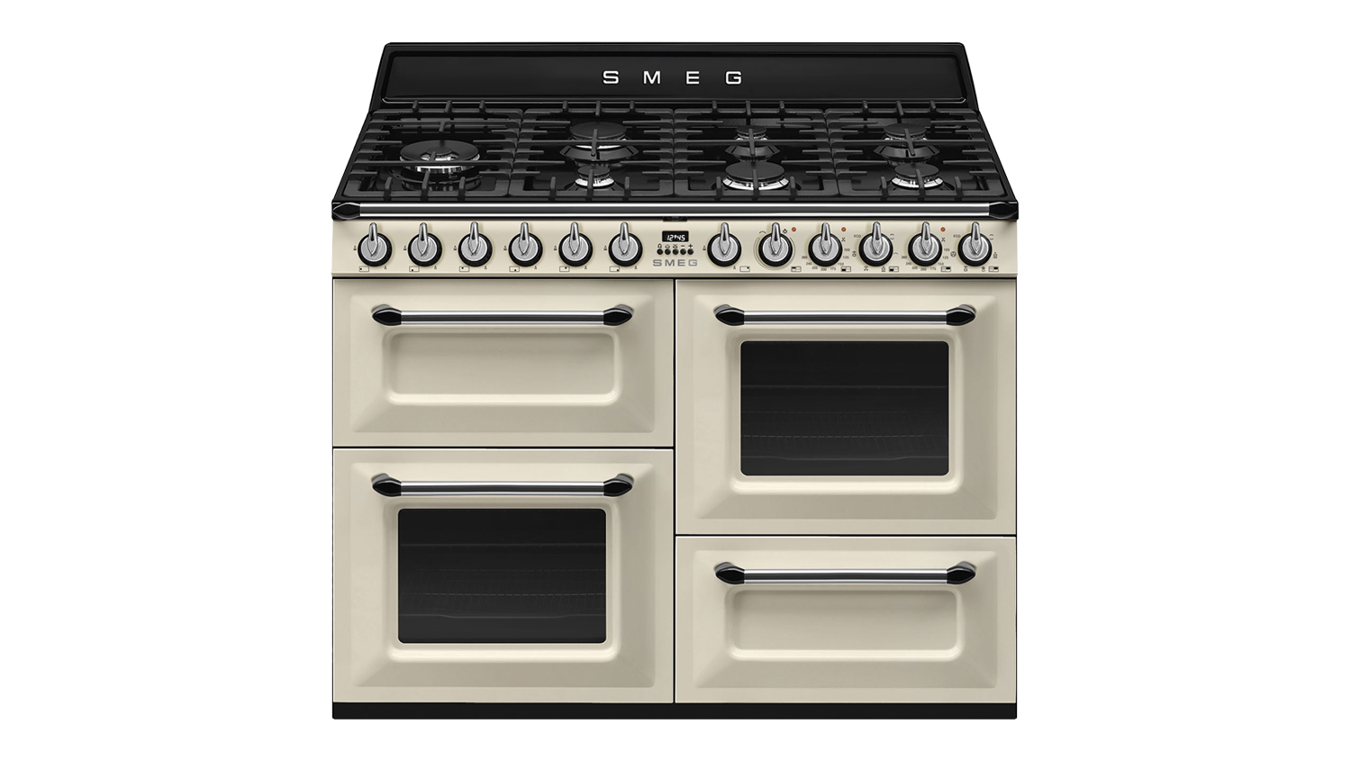 A front view of Smeg Victoria 110cm Dual Fuel Freestanding Oven with 7 Burner Gas Cooktop in cream finish