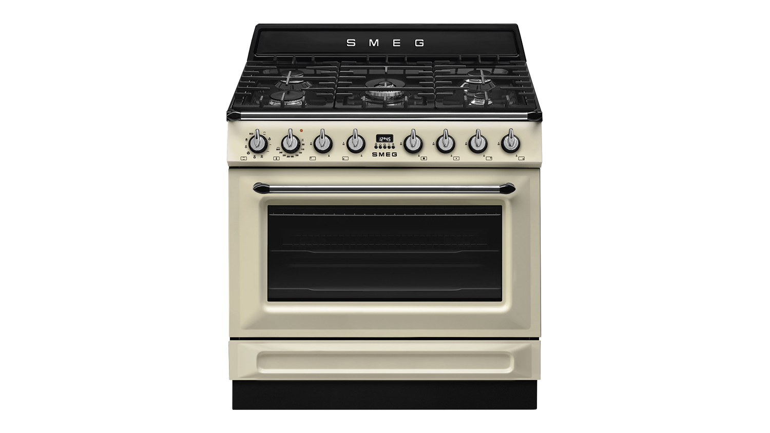 A front view of Smeg Victoria 90cm Dual Fuel Freestanding Oven with 5 Burner Gas Cooktop in cream finish