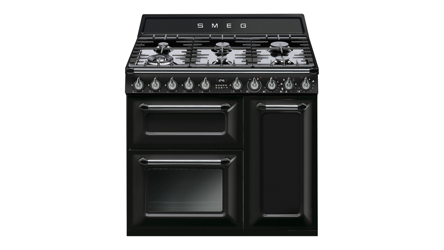 A front view of Smeg Victoria 90cm Dual Fuel Freestanding Oven with 6 Burner Gas Cooktop in black finish