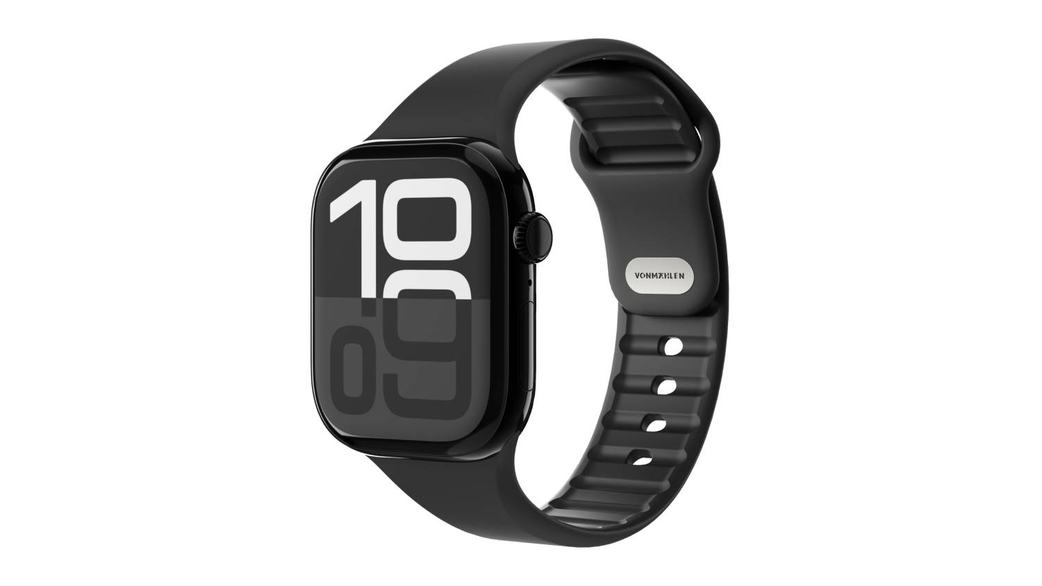 Apple Watch with a black classic band, angled to show the smooth silicone strap and matte finish
