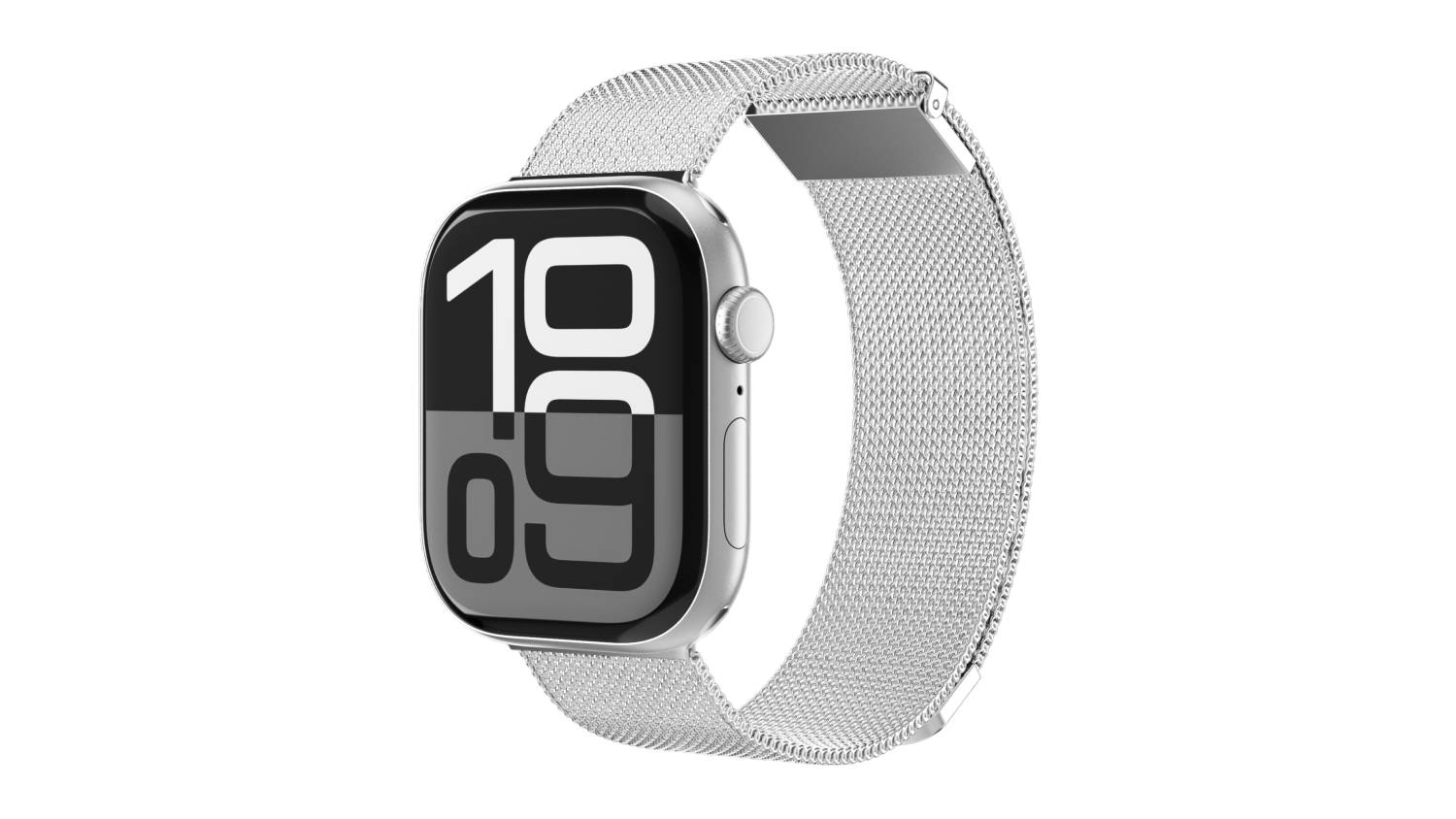 Angled view of an Apple Watch with a silver Milanese mesh band