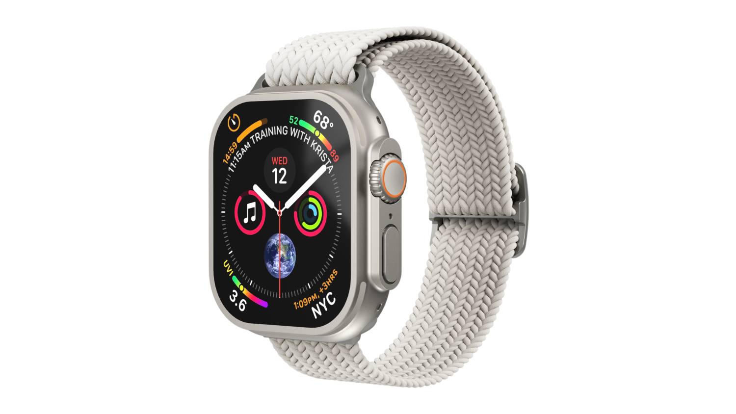 Apple Watch with a cream woven band for larger cases, angled to show the soft, textured fabric and flexible strap