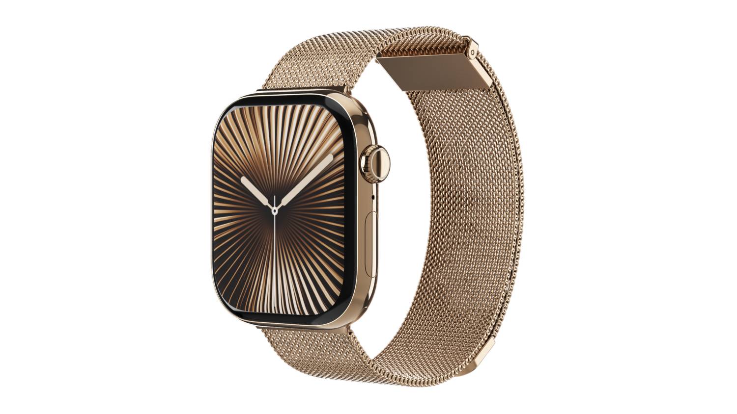 Angled view of an Apple Watch with a sun gold Milanese mesh band