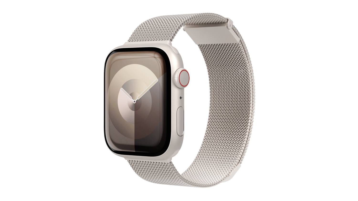 Apple Watch with a champagne Milanese mesh band, angled to highlight the fine woven metal texture
