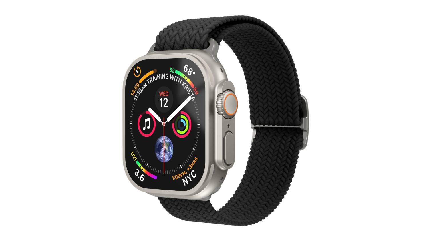 Apple Watch with a black woven band, angled to highlight the textured fabric material and sporty