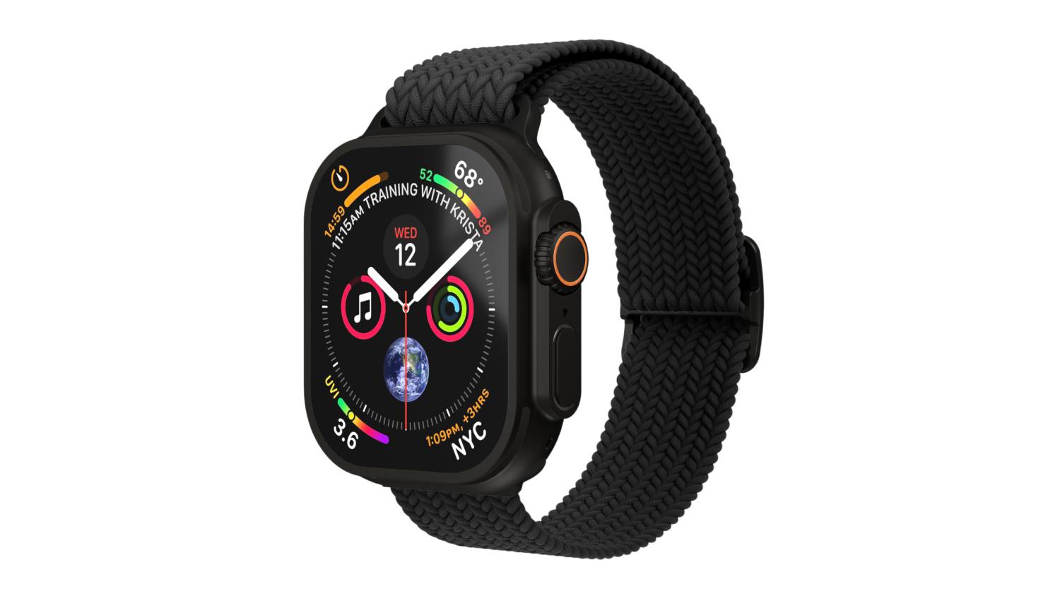 Apple Watch with a black woven band for larger cases, angled to show the textured fabric material and sporty design