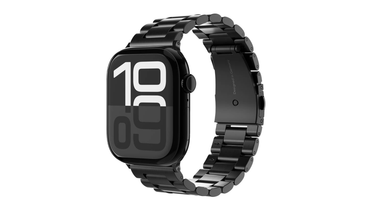Black Apple Watch with a matte black metal link band attached, shown at an angle