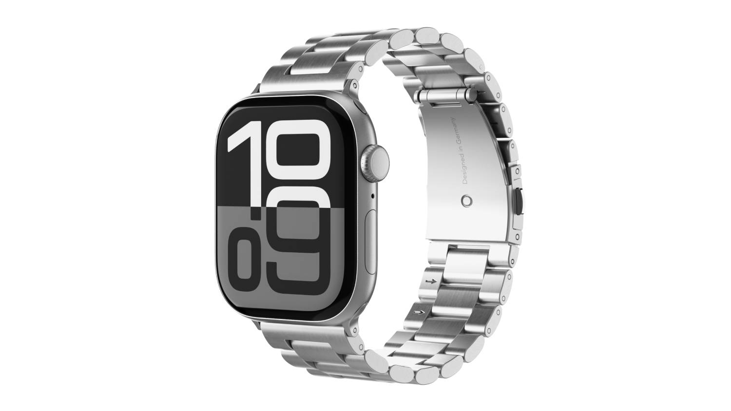 Apple Watch with a silver metal link band, angled to show the rectangular display and polished segmented links